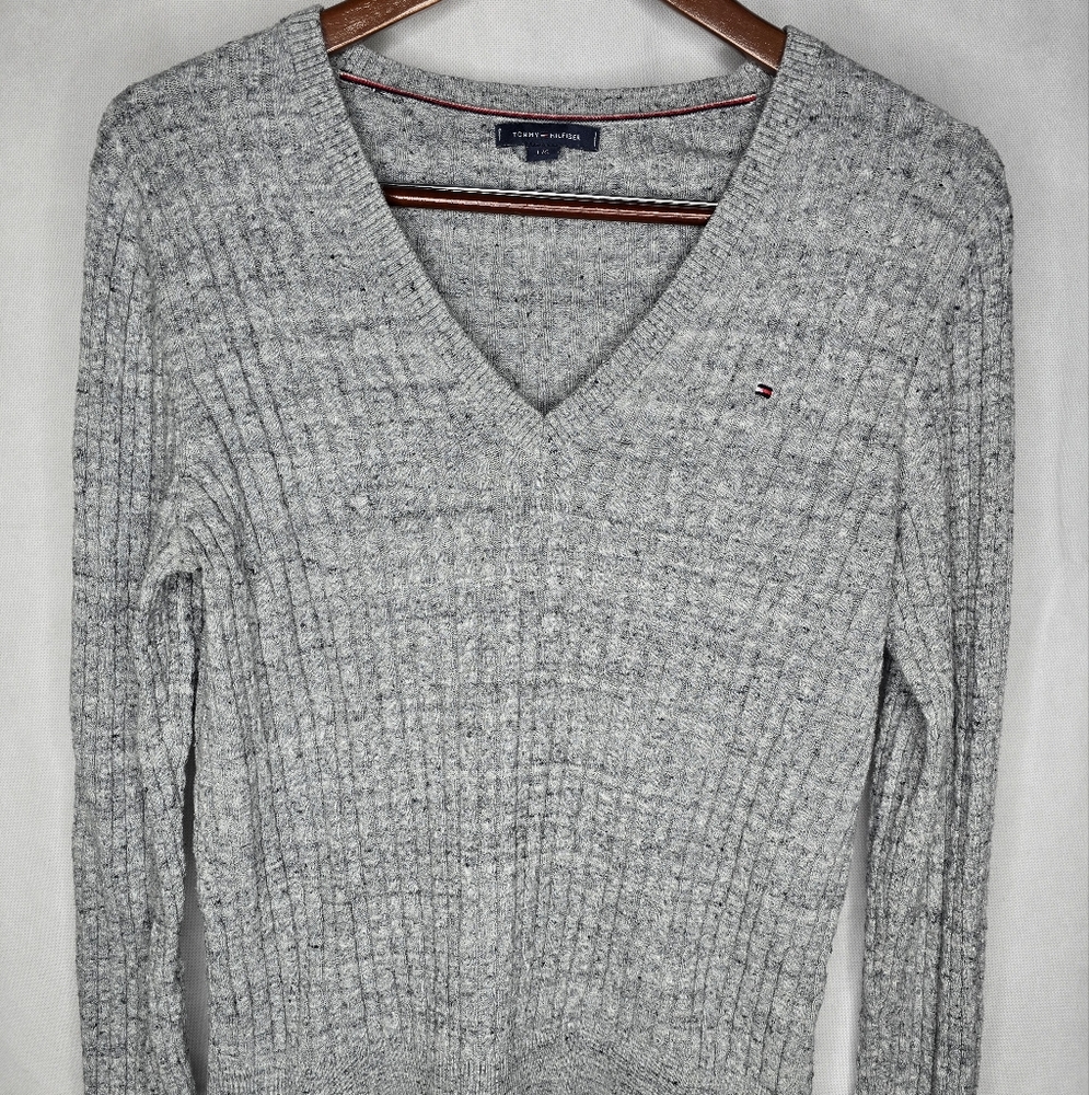 Tommy Hilfiger Sweater Gray Cable Knit Long Sleeve V-neck Cotton Pullover L